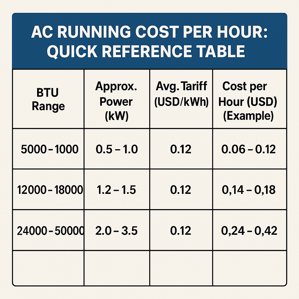 AC Running Cost Per Hour: Quick Reference Table